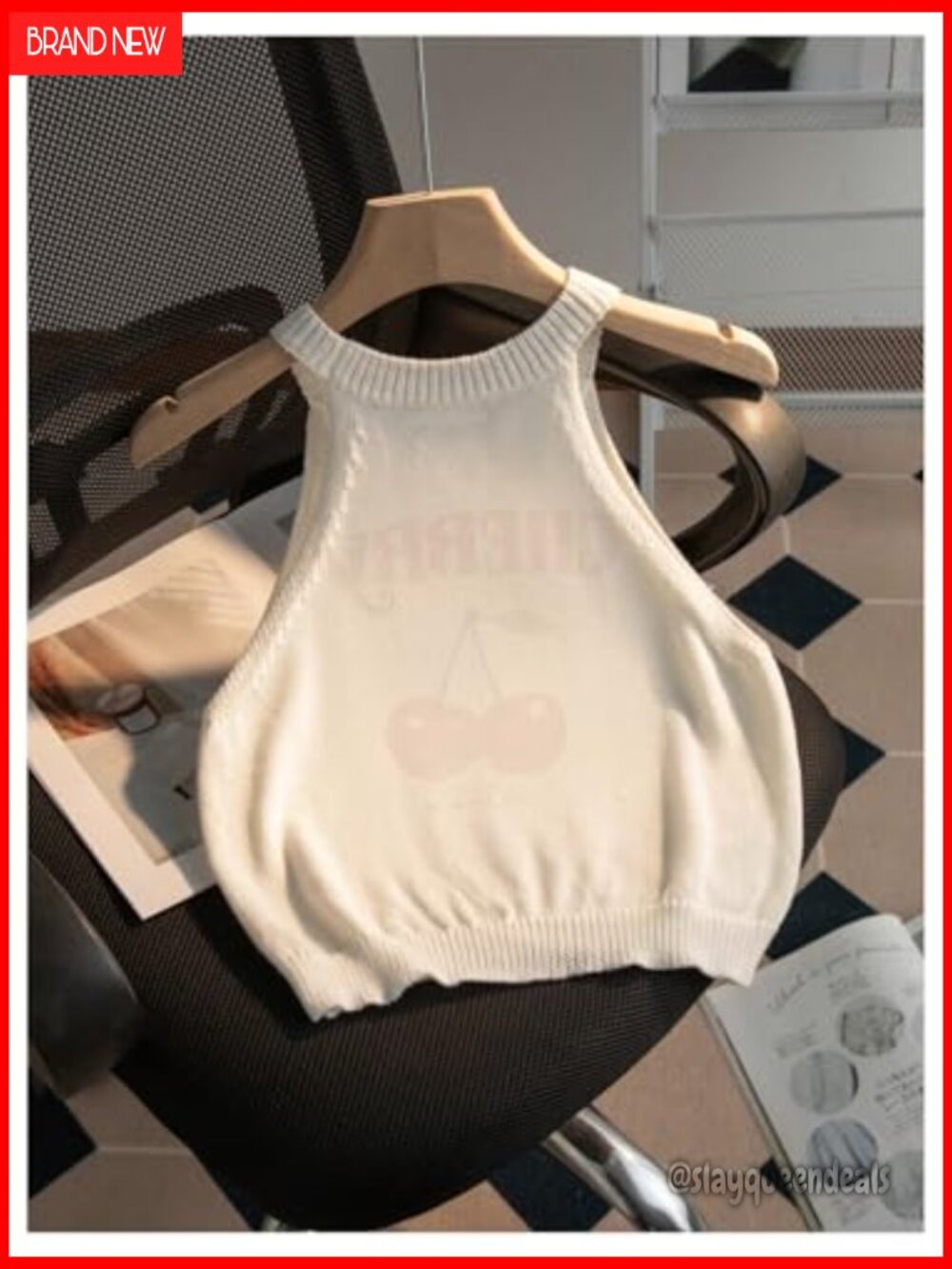 Women's Halter Neck Knit Crop Top Sleeveless Summer Tank Y2k Cherry - Picture 3 of 5